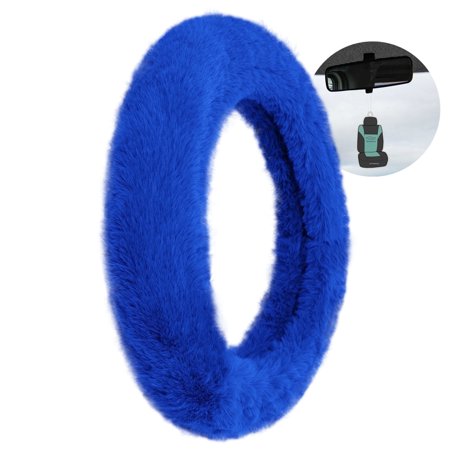 FH Group 14.5-15.5" Doe16 Blue Faux Rabbit Fur Steering Wheel Cover with Air Freshener