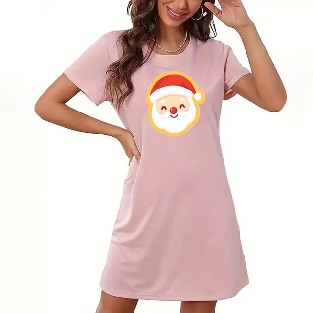 Camisón corto navideño para mujer, talla grande, cuello redondo, manga corta, estampado en el pecho, vestido de noche para mujer