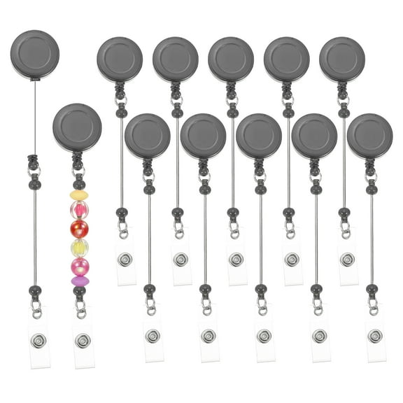 Uxcell Beadable Badge Reels, 12 Pcs Beaded Retractable Clips Holder Badge Reel Bulk Keychain Blank Bar with Belt Clip for ID Name Badge DIY, Office Worker, Transparent Black