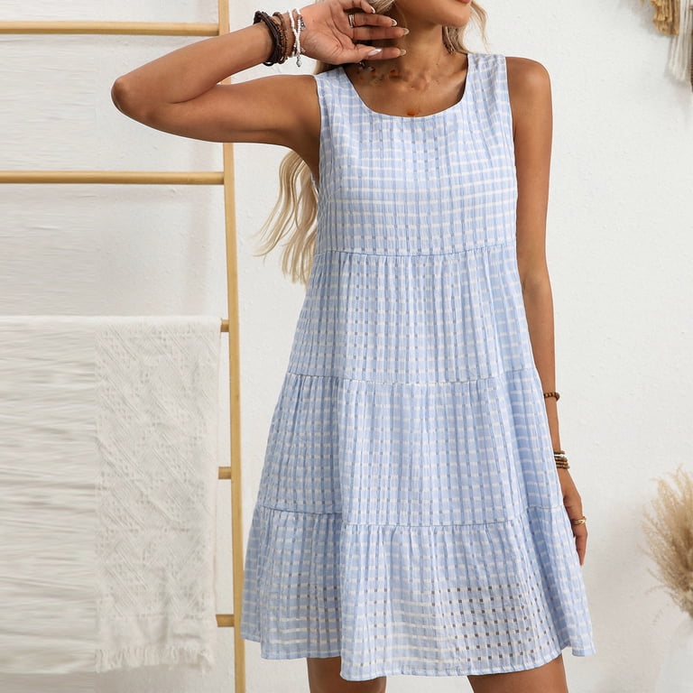 SOLY HUX Women's Plus Size Plaid Gingham Tank Dress - Sleeveless Smock Dress With Ruffle Hem