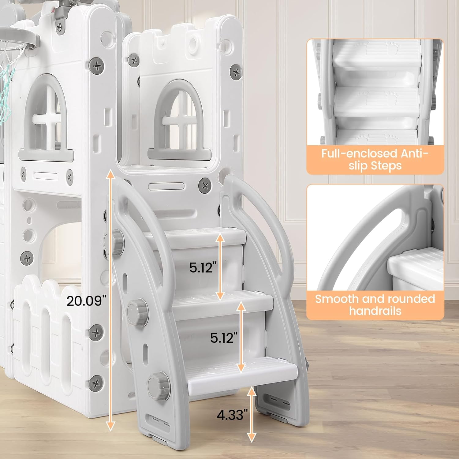 8 in 1 Toddler Slide Indoor Playground, Indoor Slide Toddler Playset for Toddlers 1-3, Kids Outdoor Playground with Slide, Basketball Hoop, Climber, Crawling Tunnel, Telescope, Grey & White