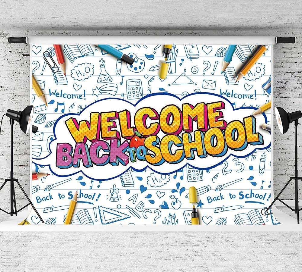 Welcome Back to School Backdrop First Day of Kindergarten White Blue  Photography Backdrops Teacher and Students Kids Party Decoration Banner  Students Classroom Photo Background Booth 7x5FT