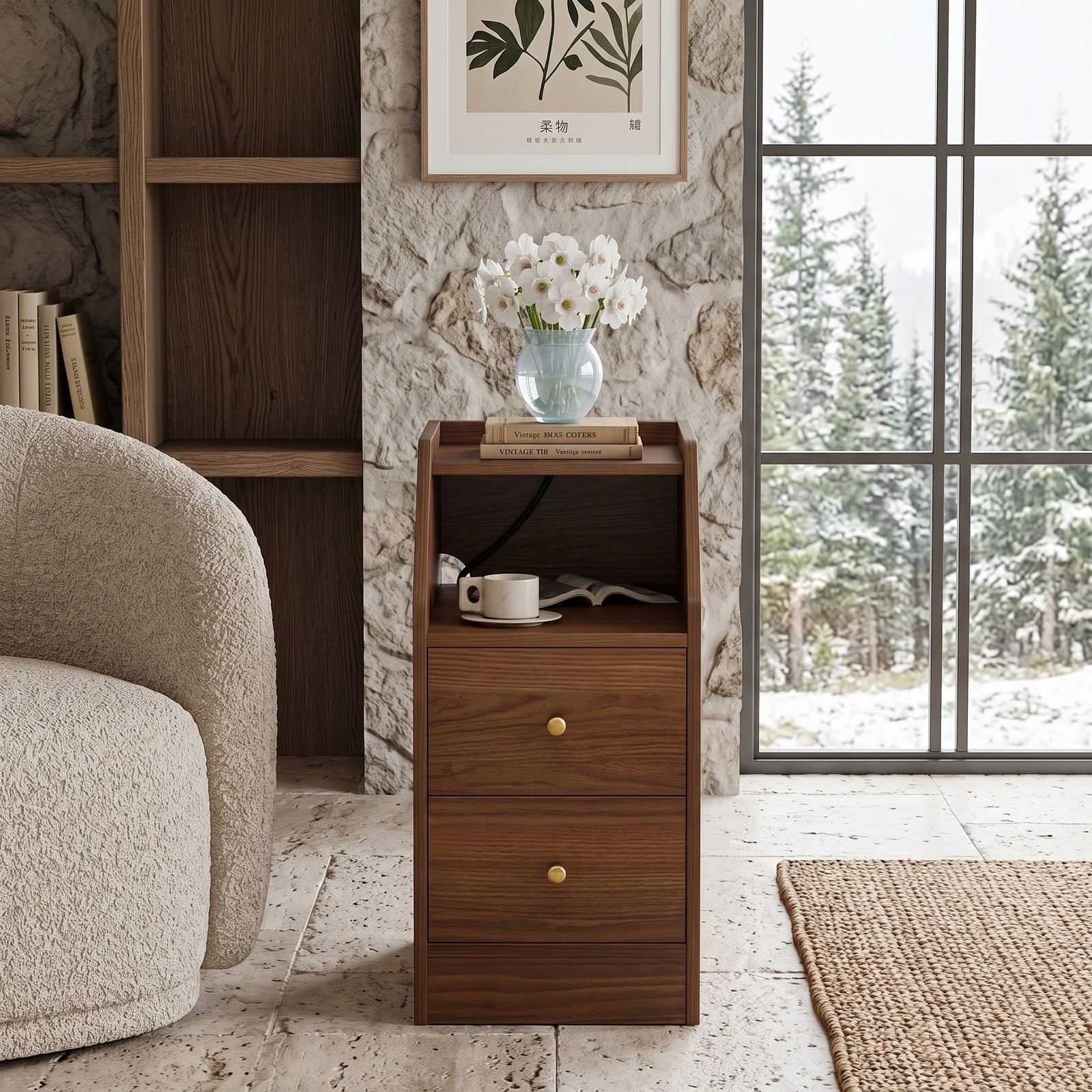 Furnibear Side End Table with Charging Station, Nightstand Sofa Couch Side Table with 2 Drawers, Open Shelf and Cable Hole for Living Room Bedroom, Walnut