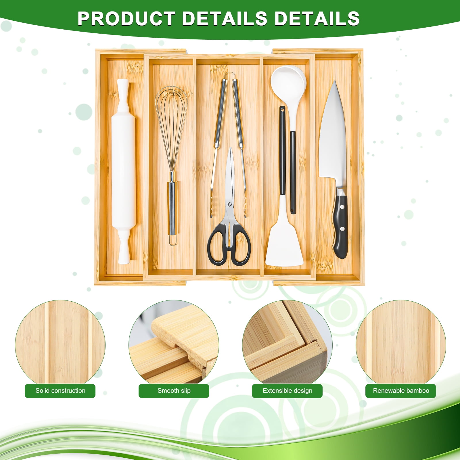 SPOKKI Bamboo Adjustable Kitchen Utensil Organizer, 17" x 21" Silverware Tray with Drawer Dividers, Natural Bamboo Flatware Holder for Kitchen and Home Use (3-5 Slots)