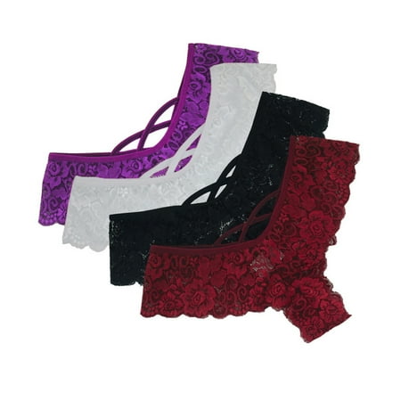 Hamky Womens Underwear Cotton Underwear G-string Lace Flowers Panties Underwear Thongs Waist Low Lingerie 4PC Women Seamless Underwear Lace Underwear White Black Wine Red Red L
