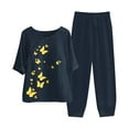 thumbnail image 2 of Jacenvly Summer Trendy Women's Summer Printed Half Sleeve Round Neck Cropped Top + Casual Pants Suit Set Two Piece Lounge Set Floral Fast Drying Two Piece Outfits Women Plus Size Navy, 2 of 7