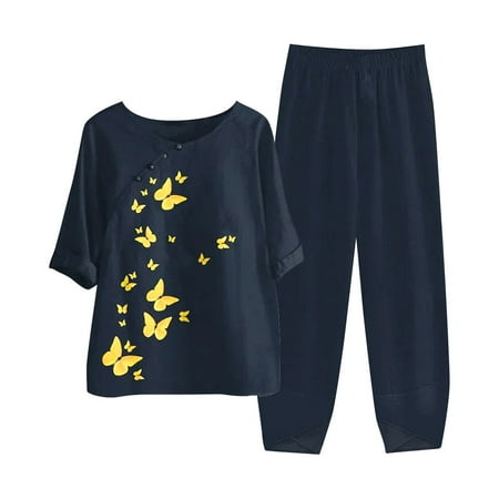 

Women Summer Outfits Linen Suits Cotton Half Sleeve Shirt Tops Wide Leg Trousers Pant Two Pieces Lounge Pajamas Sets