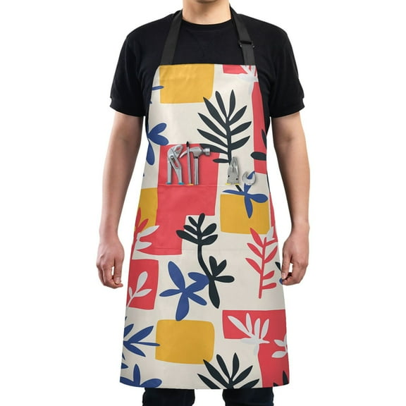 Kitchen Apron with 2 Pockets Adjustable waterproof Cooking Aprons for Women Men Chef Colorful Plants and Squares