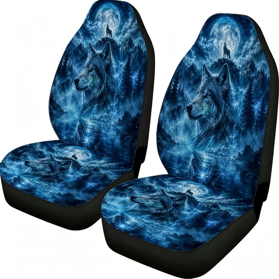 Verolix Blue Moon Wolf Portrait Front Car Seat Covers 2 Pack Mesh Fabric Universal Bucket Seat Covers Mountain Lake Forest Print for Cars Suvs Trucks Vans Easy Install Auto Interior Accessories