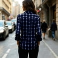 thumbnail image 4 of Hueook Plaid Button Down Shirt For Women Flannel Collared Work Tops Dressy Gingham Fall Long Sleeve Checkered Blouse Navy M, 4 of 7