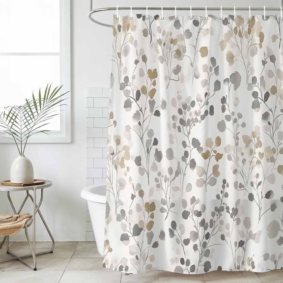 Grey Brown Botanical Waterproof Fabric Shower Curtain,Summer Leaf Watercolor Waterproof Fabric Shower Curtain for Bathroom Curtains Bathtubs Hotel Washable Shower Curtains with 12 Hooks Small 36x78in