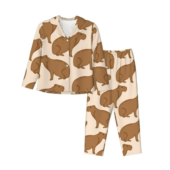 Pajamas for Women Set - Brown Capybara Comfy Long Sleeve Button Up Pajama Sets for Women 2 Piece, Soft Sleepwear Nightwear Pjs Lounge Sets for Women with Pockets