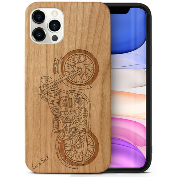 Case Yard Wooden Case Outside Soft TPU Silicone Slim Fit Shockproof Wood Phone Cover for Girls Boys Men and Women Supports Wireless Charging Vintage Motorcycle Design case for iPhone-11-Pro-Max