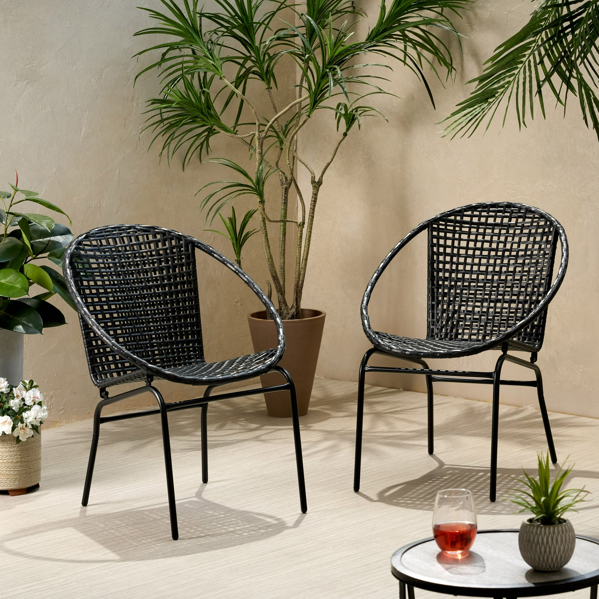 Modern Outdoor Club Chair Set of 2 All Weather Black Wicker Dining Chairs for Patio Balcony Restaurant or Poolside Stackable Rattan Chairs with Armrests Walmart