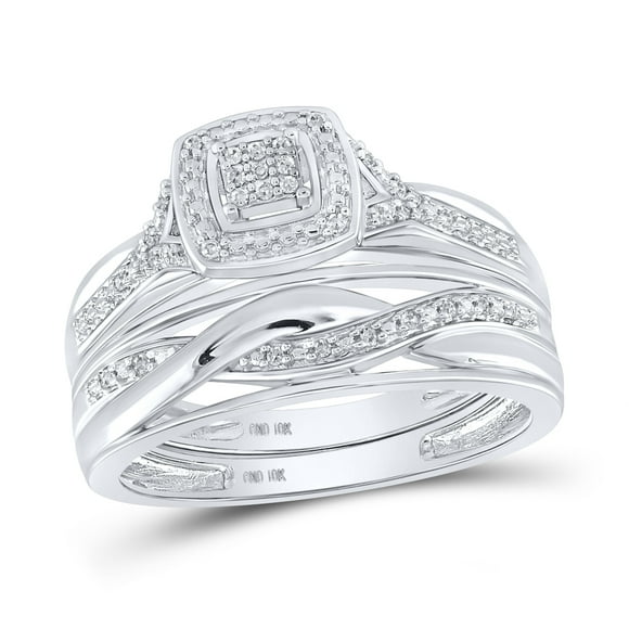 10kt White Gold His & Hers Round Diamond Cluster Matching Bridal Wedding Ring Band Set 1/10 Cttw