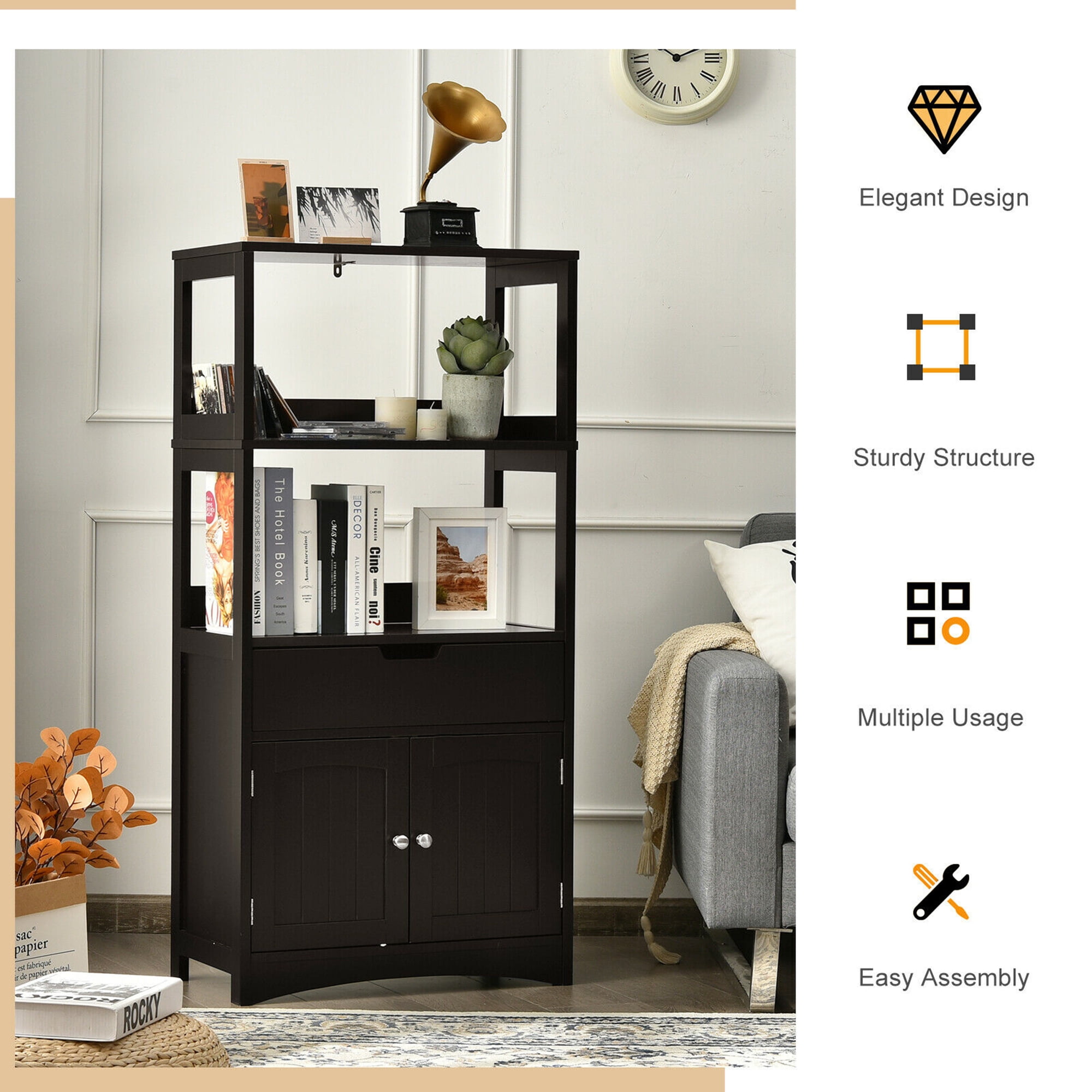 Gymax Bathroom Storage Cabinet Shelf Cupboard Floor Cabinet w/Drawer Espresso