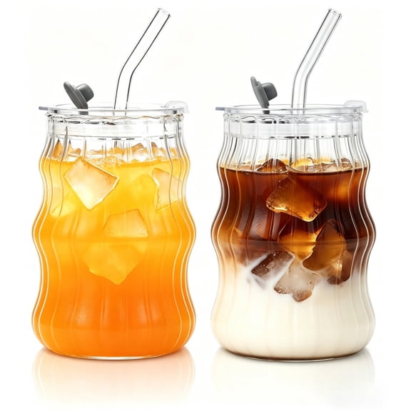2 Pack 16oz Ribbed Glass Cups with Lids and Straws Drinking Glasses Cup Iced Coffee Glasses