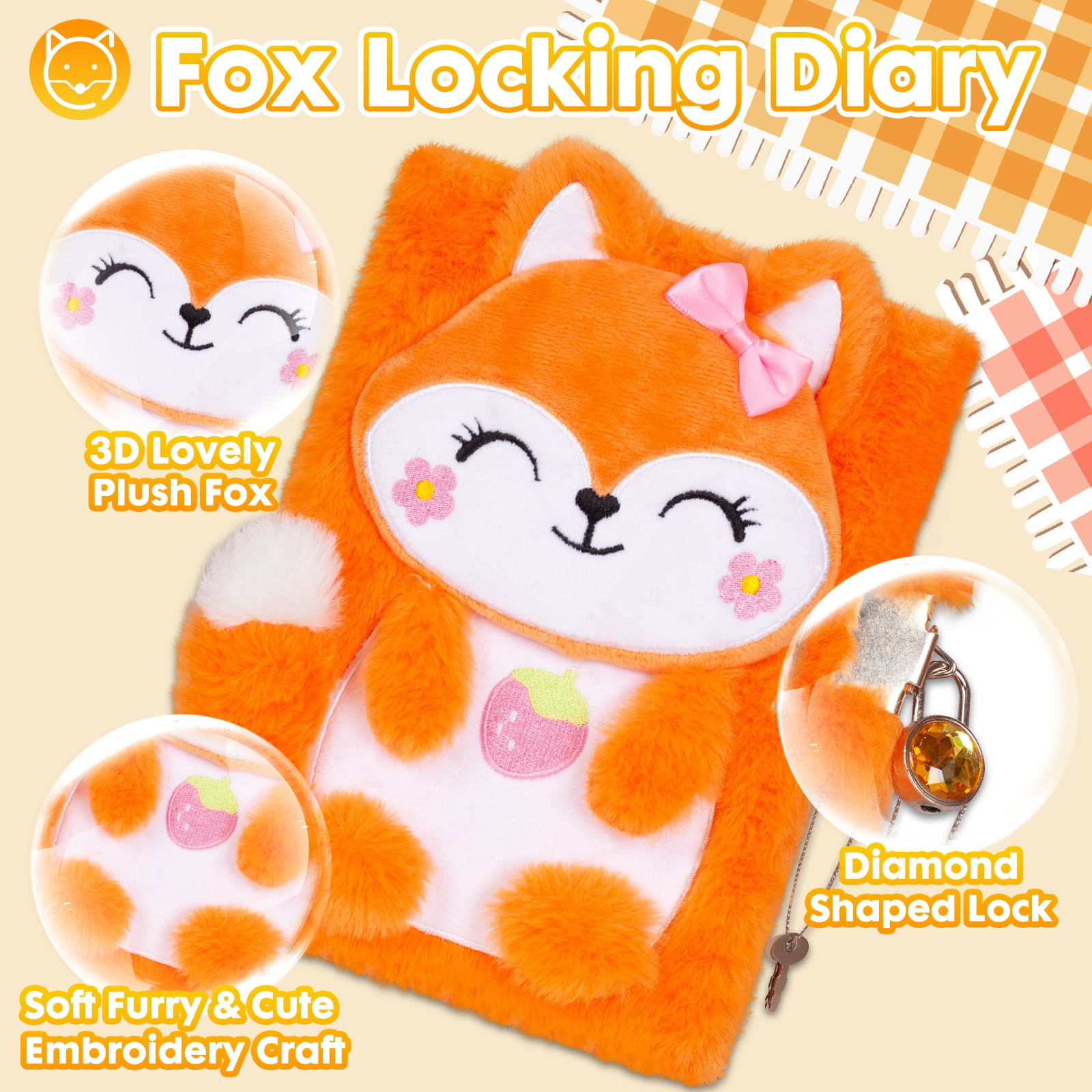 TPIVG Diary for Girls with lock and keys,Plush Diary Fox Fuzzy Secret Diary  Kids Journal with lock for Writing and Drawing,Lined Notebook Gifts for
