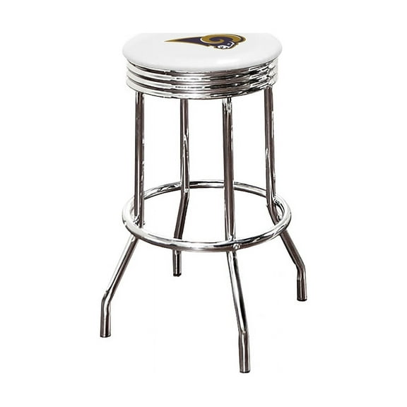The Furniture King Bar Stool 24" Tall Backless Chrome Metal Stool Featuring Your Favorite Football Team Logo on a Colored Vinyl Swivel Seat Cushion Rams on White