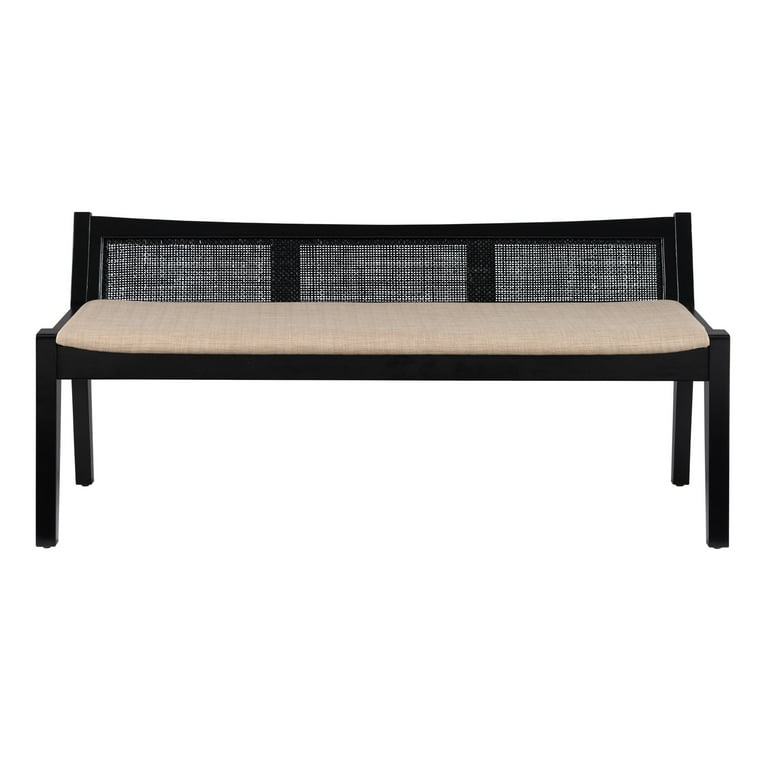 Powell Tramore Upholstered Bench with Rattan Cane Back Black Beige Linen