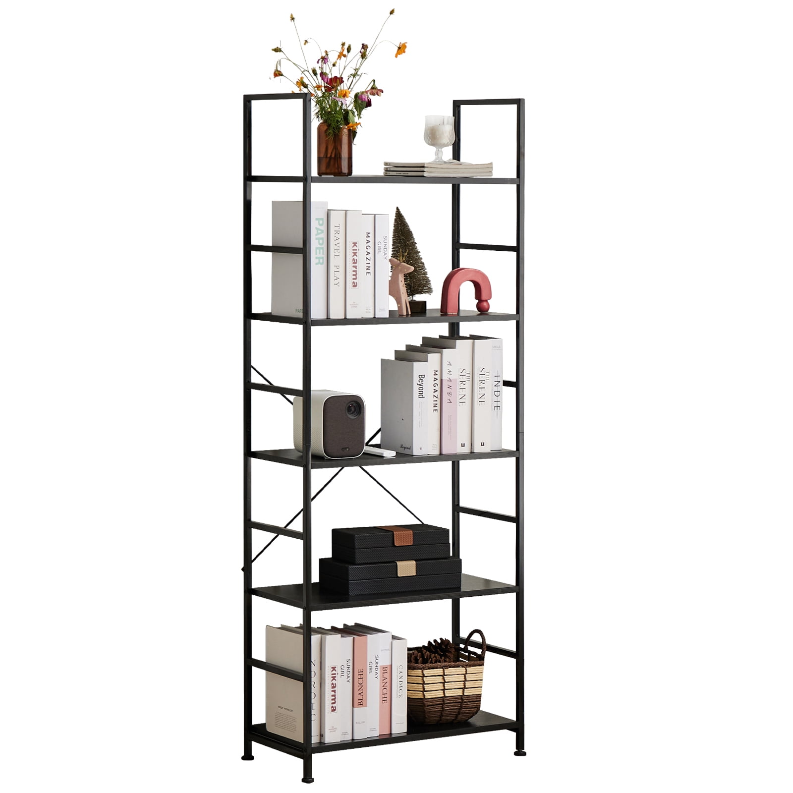 Aukfa 5 Tier Bookcase, Tall Bookshelf Storage Organizer for Home Office, Wood & Metal, Black