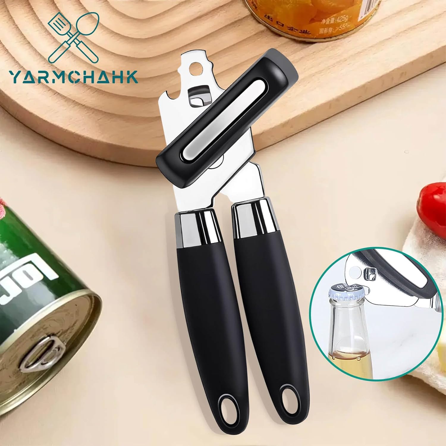 FRKSMD-Multifunctional Stainless Steel Manual Can Opener and Bottle Opener, Heavy Duty Hand Held Can Opener with Easy Turn Knob, Sharp Blade Smooth Edge, Good Grips Kitchen Tool for Seniors, Black