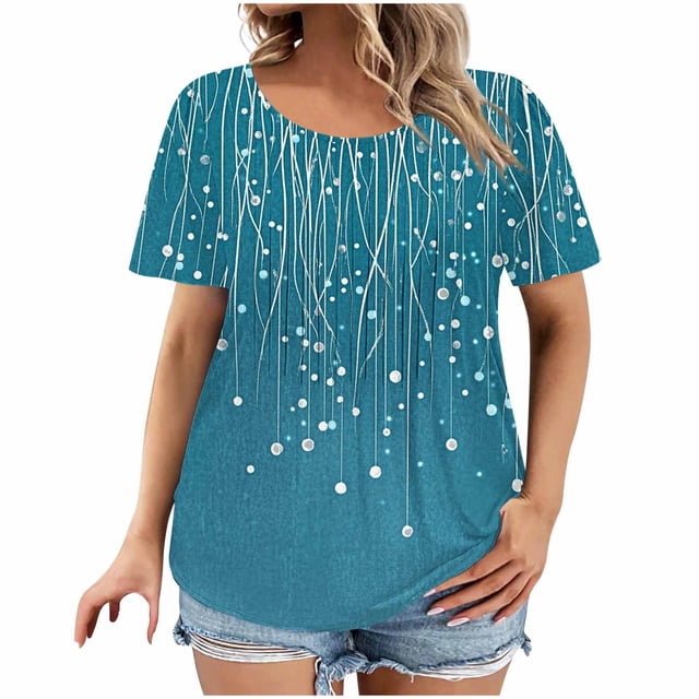 Mujeres Más Tamaño Manga Corta Tops, Moda Impresión Cuello Redondo, Camiseta Más Tamaño Blusa