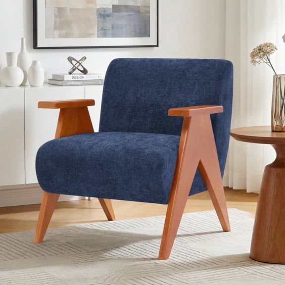 Gericco Modern Accent Armchair, Chenille Upholstery, Solid Wood Legs for Living Room & Bedroom, Navy