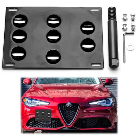 Xotic Tech for Alfa Romeo Giulia 2017+ Black Front Bumper Tow Hook License Plate - No Drill Mounting Bracket Adapter Kit