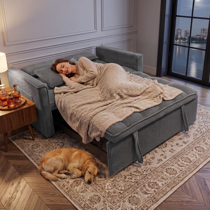 Anpport 54" 3‑in‑1 Convertible Sleeper Sofa Bed, Corduroy Pull‑Out Couch with Adjustable Backrest, Side Pockets & 2 Pillows for Small Spaces, Dark Gray