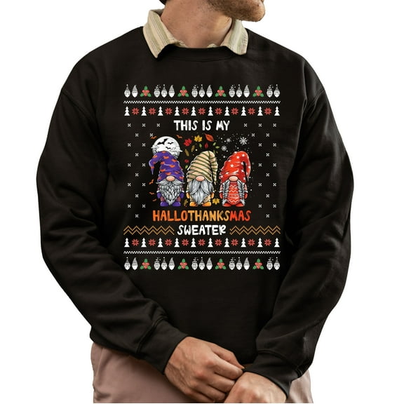 Christmas Sweatshirt, Hallothanksmas Funny Gnome Sweatshirt, Unique Gnome Holiday Sweatshirt, Witty All-Season Gift for Women & Men