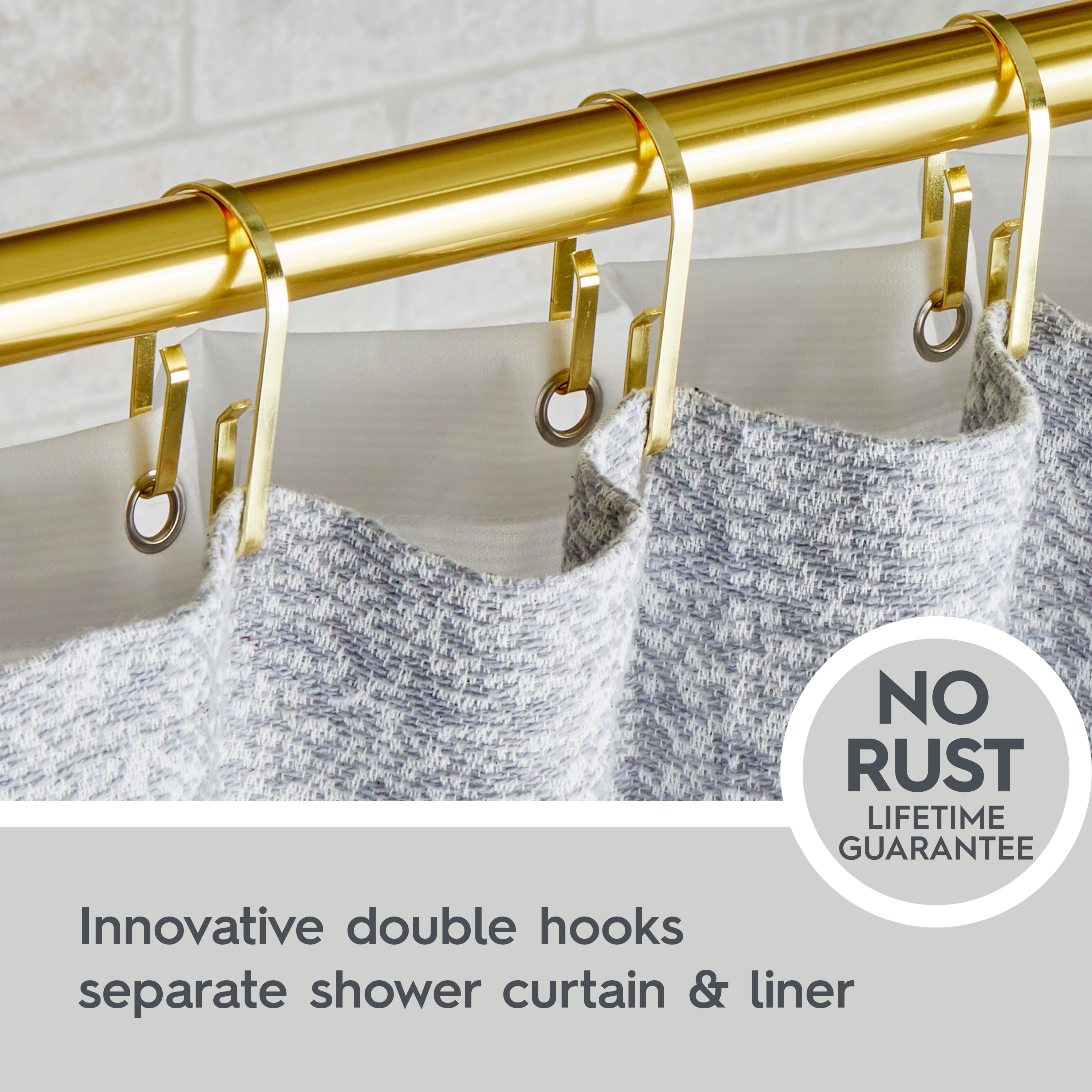 Better Homes & Gardens U-Shape Rustproof Stainless Steel Double Shower Hooks, Brass, Set of 12