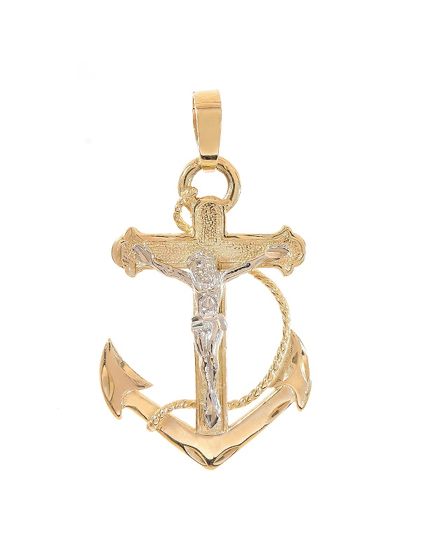 14K Yellow Gold Anchor Jesus Crucifix 