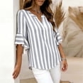 thumbnail image 6 of Women's Casual Loose Linen Striped V-Neck Three-Quarter Sleeve Ruffled Top, 6 of 8