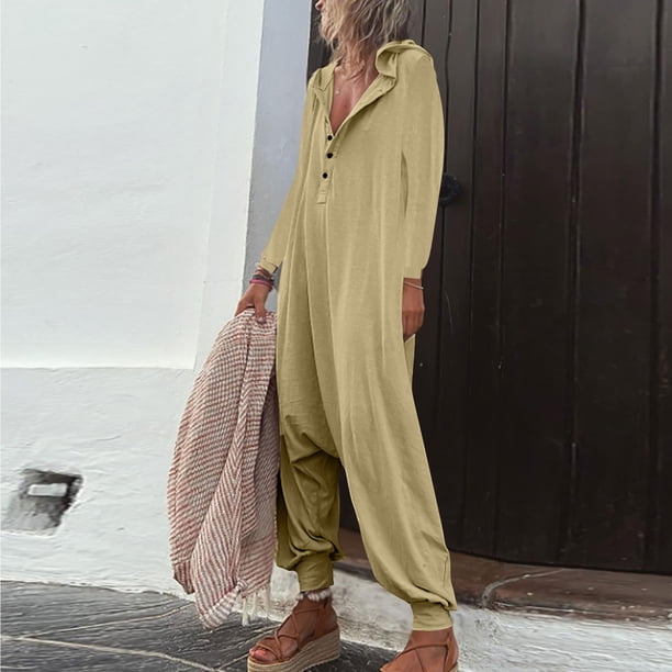 ICHUANYI Clearance Women's Fashion Hooded Button Rompers Casual Long Sleeve Pocket Jumpsuit(Beige, XL) ICHUANYI WER2023081508148