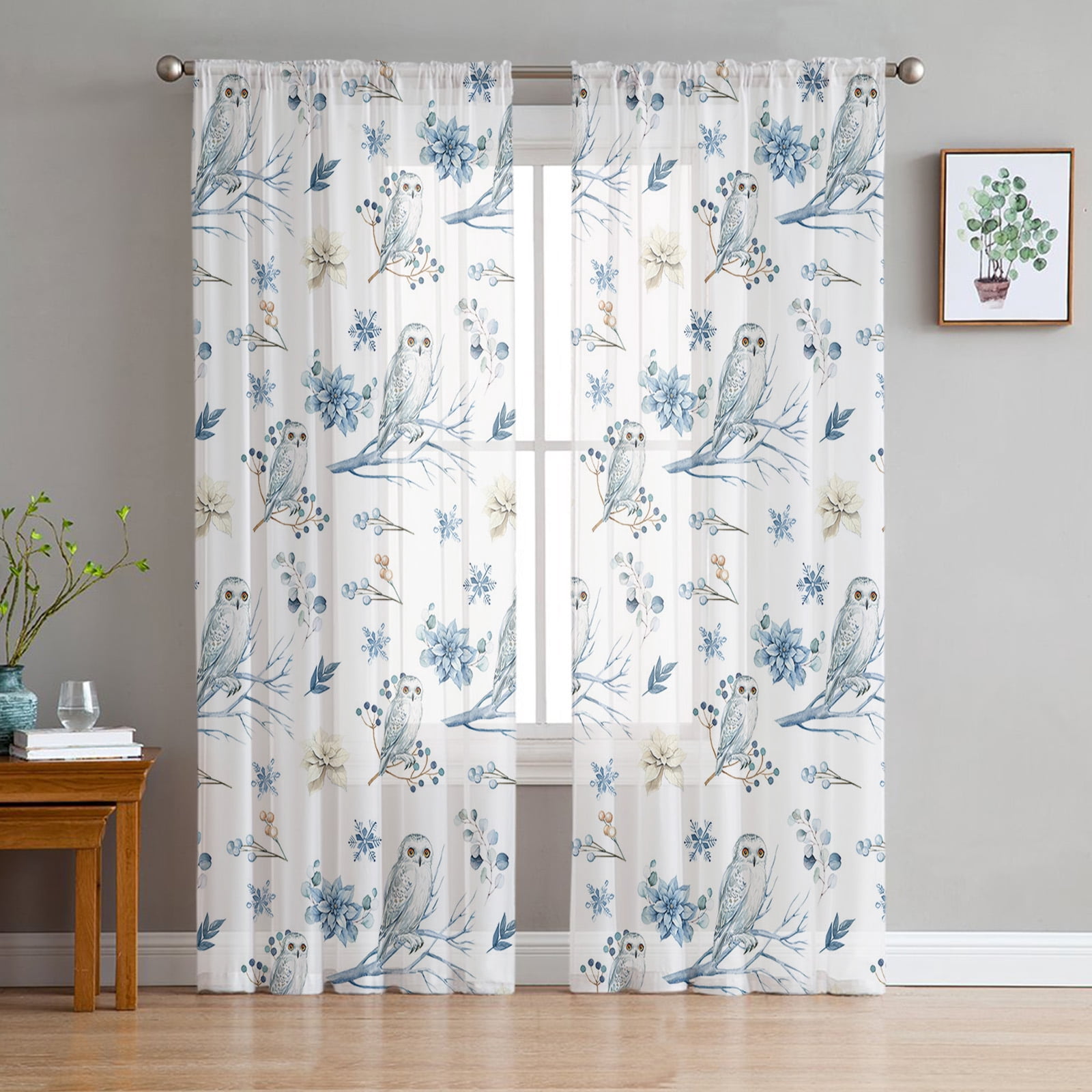 Sheer Curtains 63 inches Long, Winter Snowflake Animal Owls Eucalyptus Leaves Light Filtering Sheer Window Curtains Rod Pocket Voile Drapes for Bedroom Living Room, 52"W x 63"L 2 Panels
