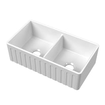 Nuie Kitchen Sink 33 inch 50/50 Double Bowl Apron Front Farmhouse Sink with Stepped Weir, Reversible Fluted Fireclay Kitchen Sinks - 33x18x10" (White)