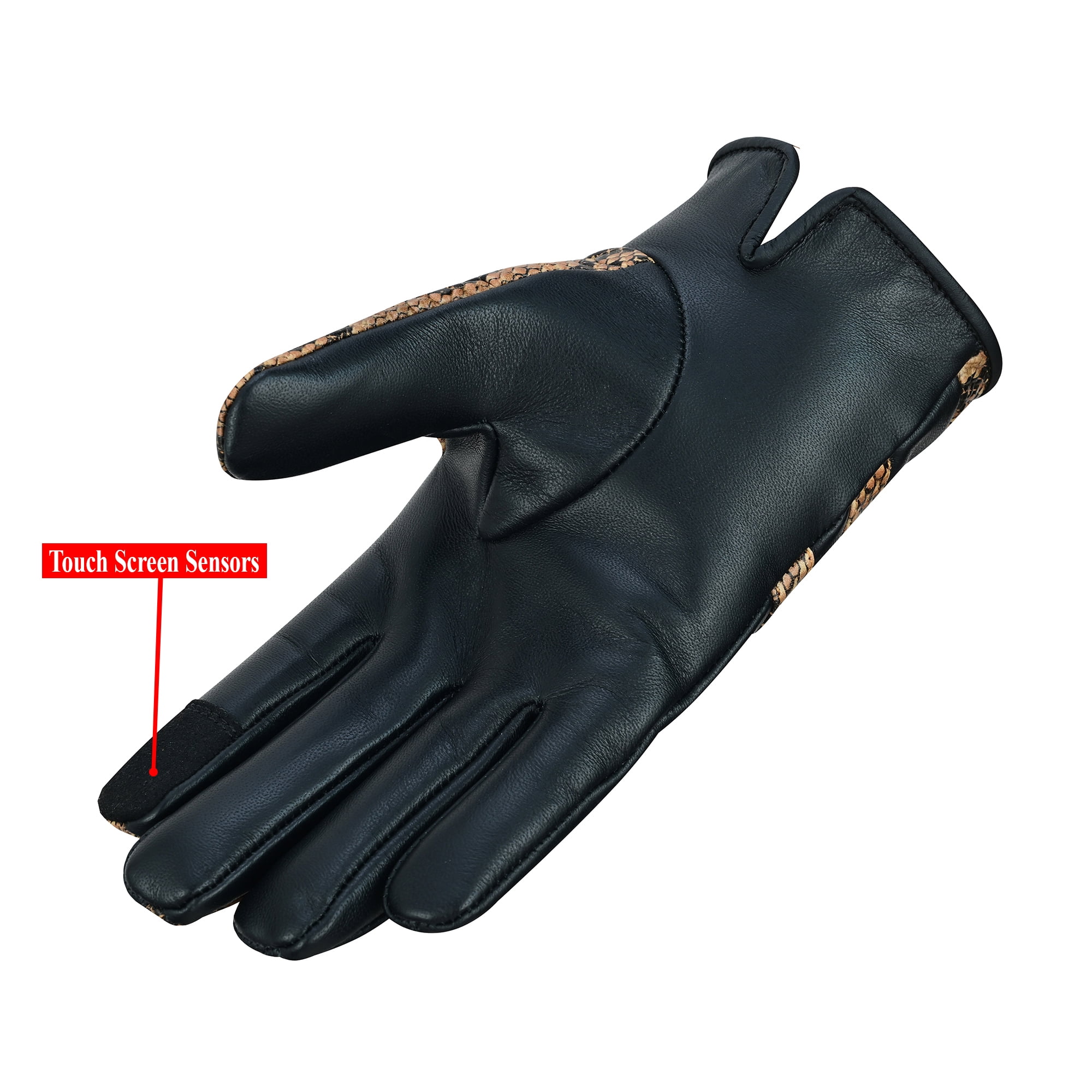 Women Ladies Python Snake Embossed Leather Dress Gloves Full Finger Motorcycle Biker Riding Gloves Brown-XS
