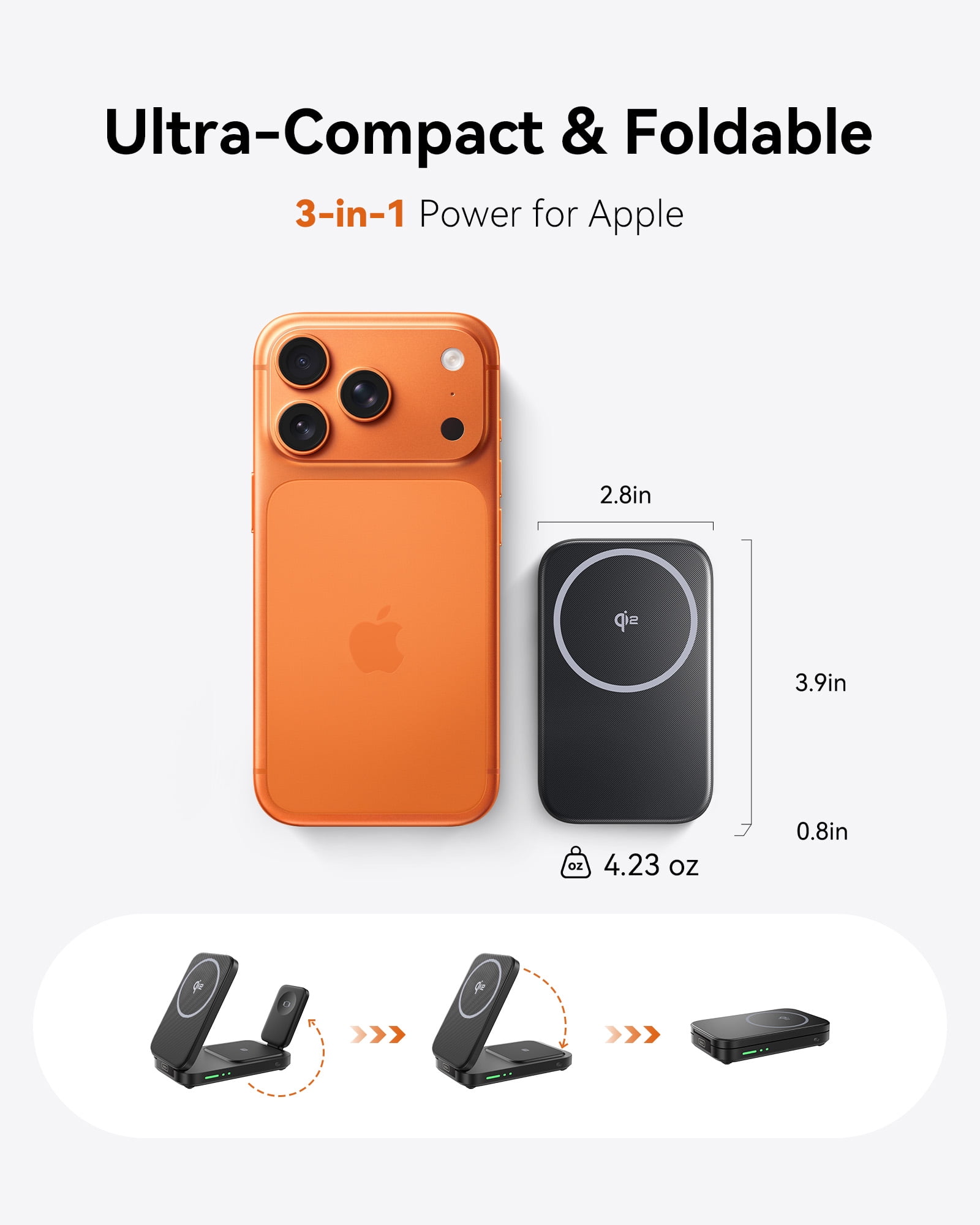 INIU 3 in 1 Wireless Charger, 15W Foldable Magnetic iPhone Charger, Wireless Charging Station with Qi2 Certified for iPhone, Apple Watch, AirPods (Adaptor Included)