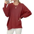 thumbnail image 3 of Ribbed Knit Pullover Sweater Batwing Long Sleeve Crewneck Side Slit Women Top for Autumn Winter Wine Red XXL, 3 of 6