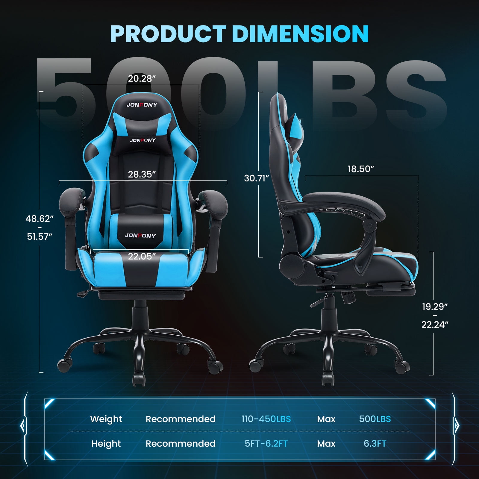 JONPONY Big and Tall 500LBS Gaming Chair, Ergonomic Design, Gamer Chair PU Leather with Footrest and Lumbar Support, High Back Office Chair Support, Long Sitting Computer Chair, Blue