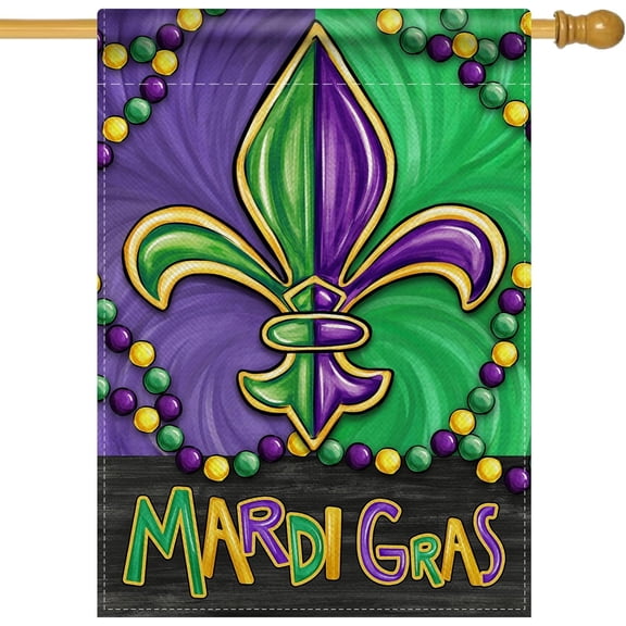 Mardi Gras Garden Flag, Crawfish Mask Fleur De Lis New Orleans Carnival Yard Decor, Purple Green Yellow Beads, 12 x 18