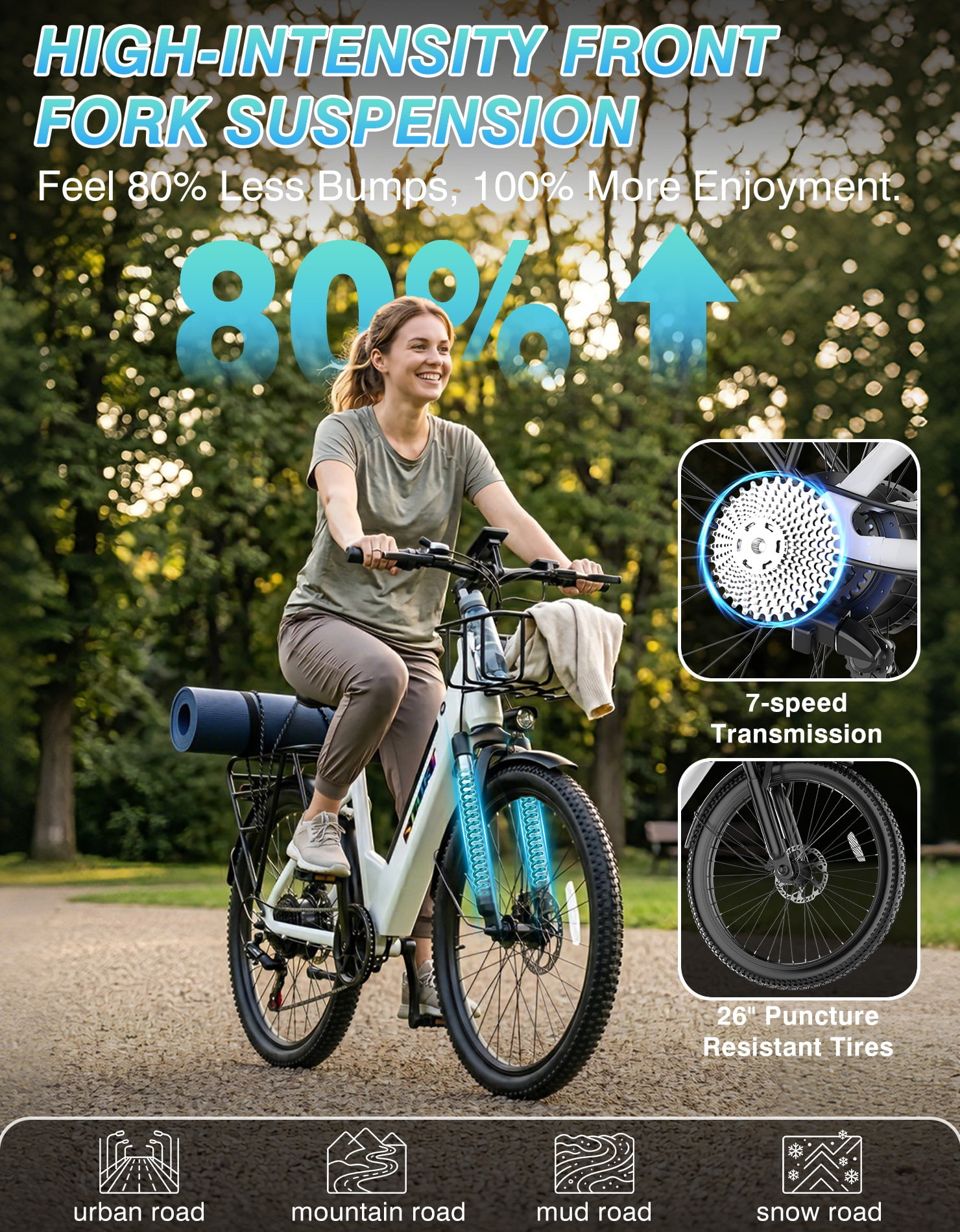 AZHAR Electric Commuter Bike for Adults,1500W ,48V10.4AH 26\" Electric Mountain Bike with 7 Speed Gears UL2849