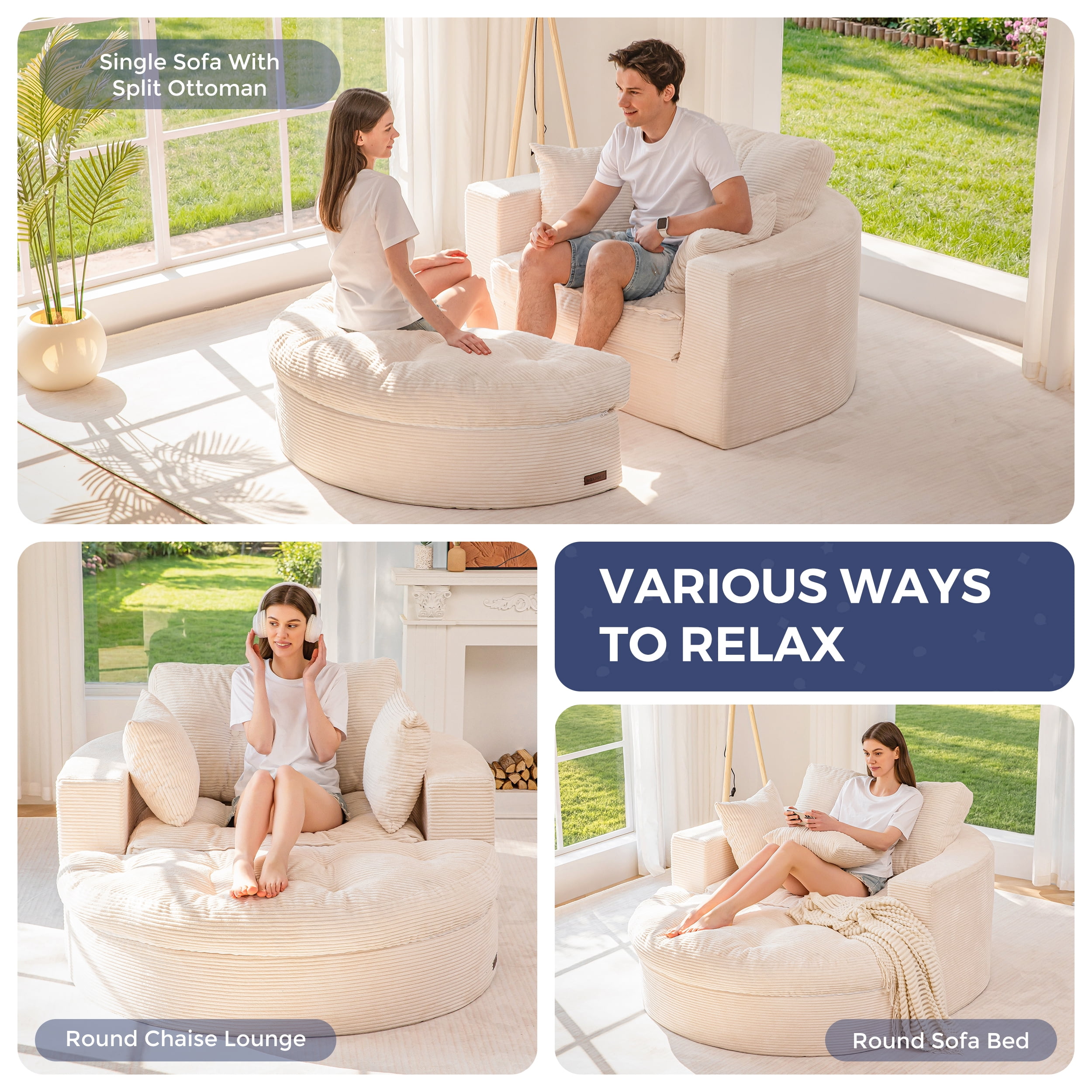 BYBYME Sofa Couch and Round Chaise Lounge,L Shaped Cloud-Plush Corduroy Boneless Floor Sofa Bed,Tufted Upholstered Sleeper Chair for Living Room,Beige