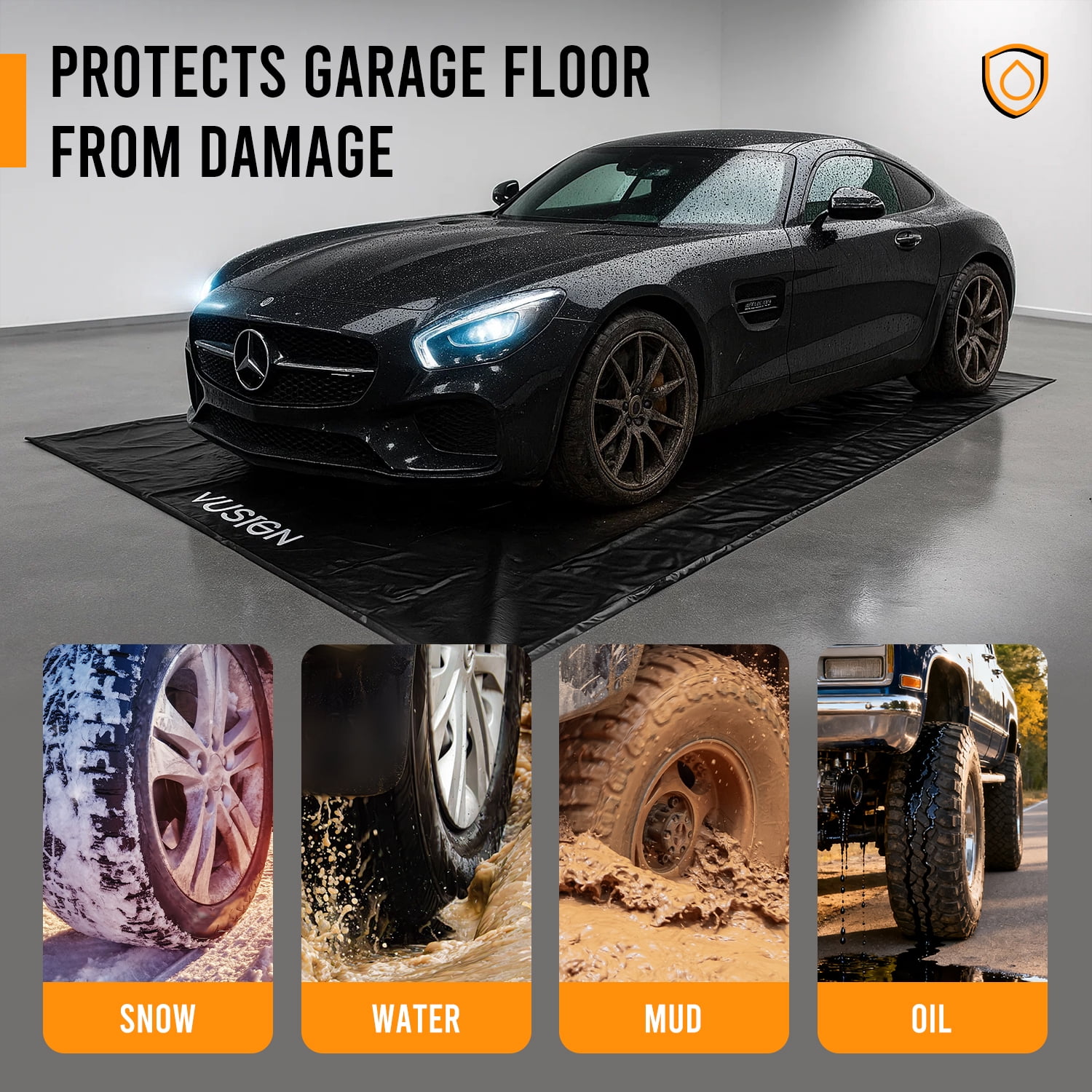 VUSIGN Garage Containment Mat, (7'9" x 16') , Non-Slip Garage Floor Mat with Stay Put Corner and Squeegee, Heavy Duty Waterproof Protection from Snow, Rain and Mud for Cars, SUVs and Trucks