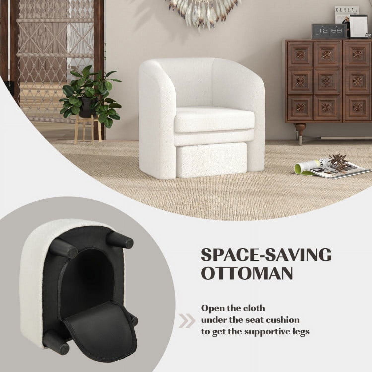 Finihen Accent Chair, Modern Upholstered Accent Chair, Modern Upholstered Barrel Teddy Velvet Chair with Ottoman, for Living Room, Bedroom, Beige Finihen Accent Chair, Modern Upholstered Accent Chair, Modern Upholstered Barrel Teddy Velvet Chair with Ottoman, for Living Room, Bedroom, Beige