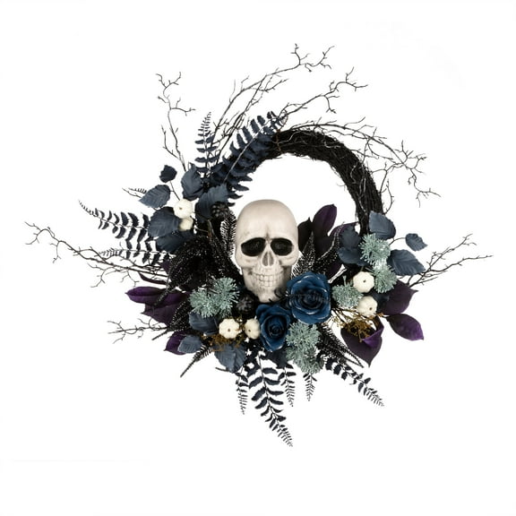 24 in. Artificial Halloween Skull Wreath, Black