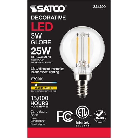 Satco S21200 LED G16.5 Globe Vintage Style Light Bulbs 3W 120V 2700K 90  CRI E12 Candelabra Base Dimmable (6 Pack)