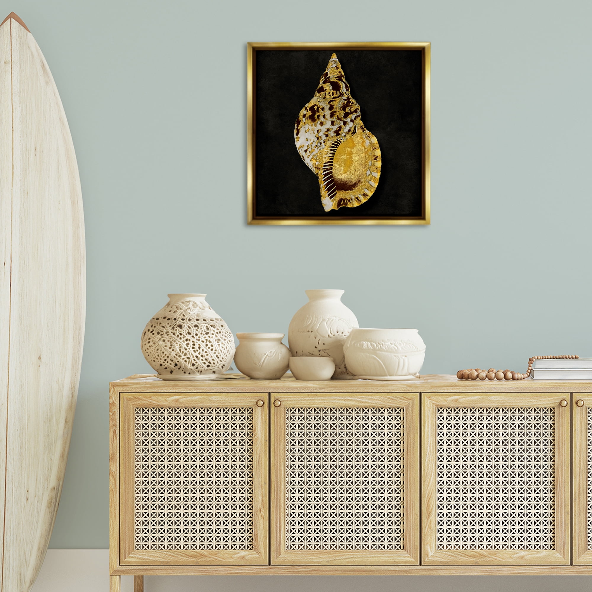 Stupell Industries Gold Conch on Black Nautical & Beach Painting Gold Floater Framed Canvas Art Print Wall Art, 25 x 25