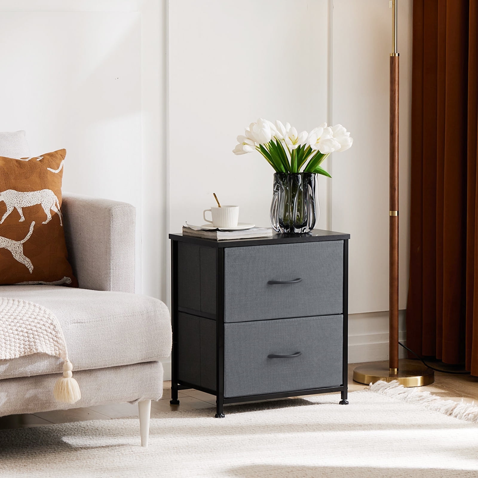 JOINSUN Grey Nightstand Dressers with 2 Fabric Drawers, Ideal for Bedroom Organization, Set of 2